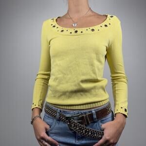 Cache Y2K Yellow Grommet Scoop Neck Long Sleeve Top